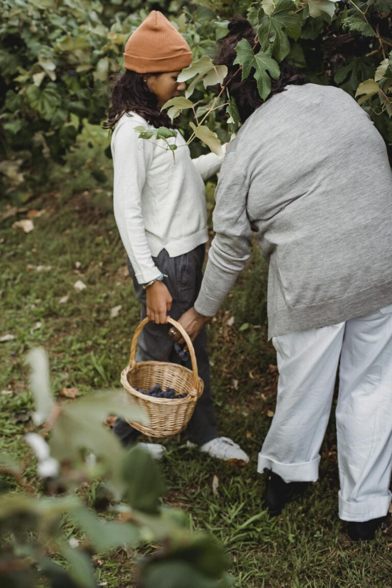 Faceless ethnic women carrying together wither basket full of ripe berries near bushes in soft daylight